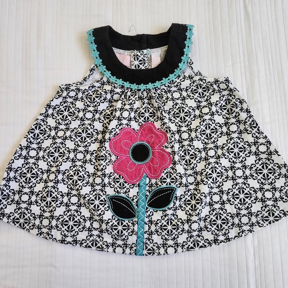 Rare Editions Black and White Floral Baby Dress with Turquoise Trim 12 Months